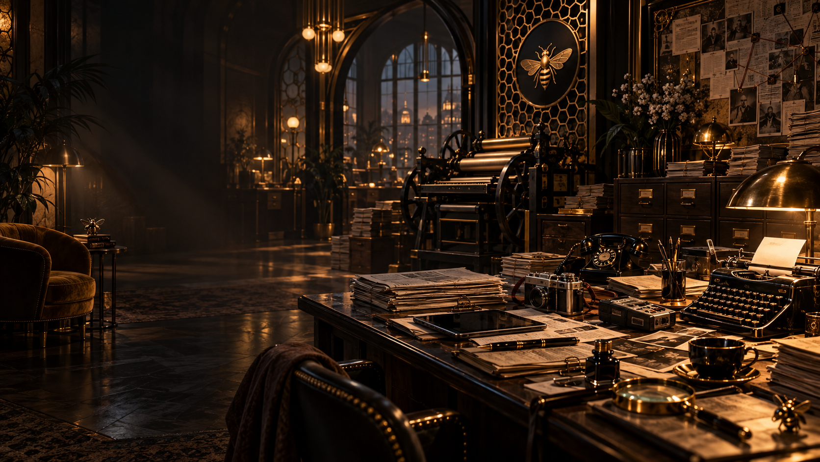 An elegant gold-and-black feminine Alpha Bees newsroom: an antique printing press beneath arched windows, a gold bee emblem on a honeycomb panel, velvet armchair, and a wooden desk stacked with newspapers, a typewriter, press camera, rotary phone, ink and pocket watch