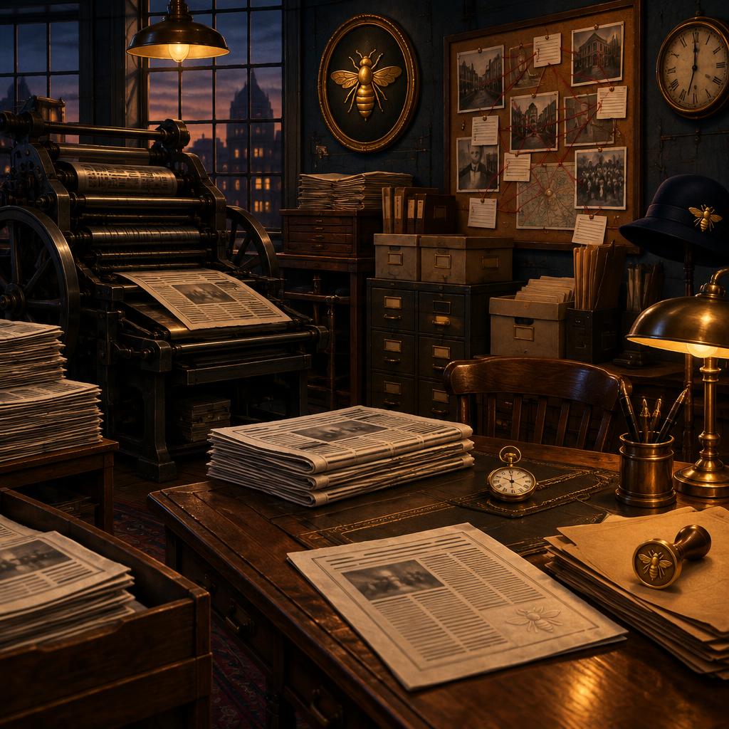 A 1920s newsroom still life with a printing press, stacks of newspapers with blurred unreadable print, an evidence board with archival photos and string, a pocket watch, and gold bee symbols on a wall plaque, a stamp, and a hat pin
