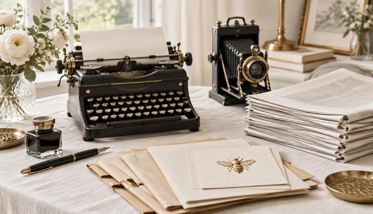 A light editorial Alpha Bees still life on cream linen: a vintage typewriter with blank paper, an antique press camera, ink bottle, fountain pen, stacks of blank newspapers and archival folders, and a small gold bee emblem on a honeycomb-patterned card