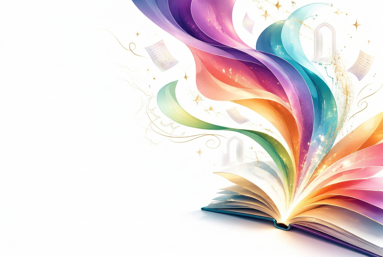 Ribbons of vivid color and small worlds rising from an open book
