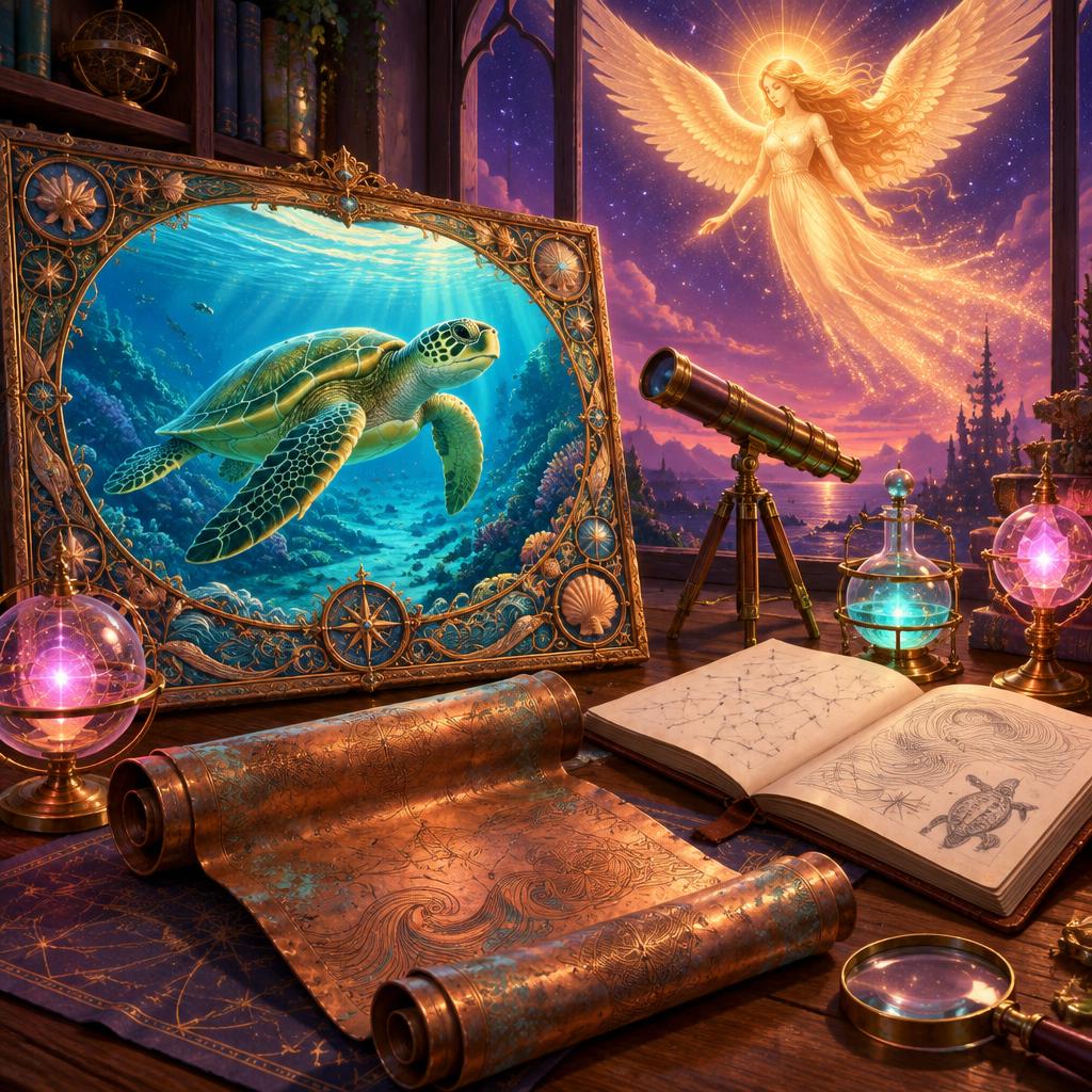 An inventor’s discovery desk with an unrolled copper scroll, a sketch notebook, telescope, magnifying glass, and glowing science instruments, a luminous ocean vignette showing a sea turtle, and a golden winged celestial figure with flowing hair and gown in the night sky